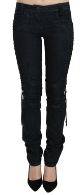 Just Cavalli Blue Low Waist Skinny Trousers Braided String Pants -   -  Just Cavalli.
