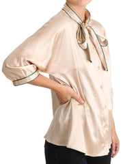 Dolce & Gabbana Beige Ribbon Silk Stretch Top Blouse -   -  Dolce & Gabbana.