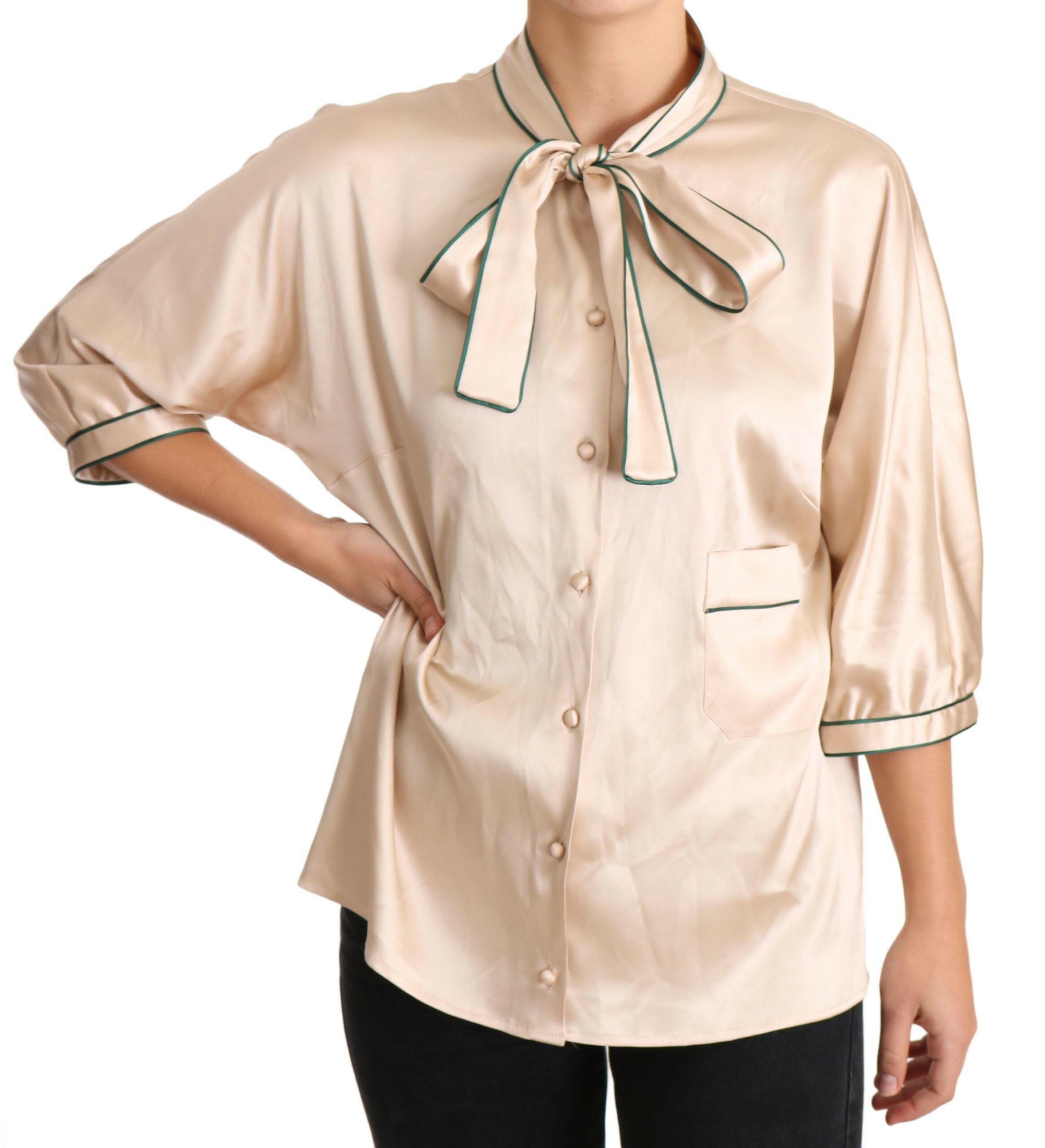 Dolce & Gabbana Beige Ribbon Silk Stretch Top Blouse -   -  Dolce & Gabbana.