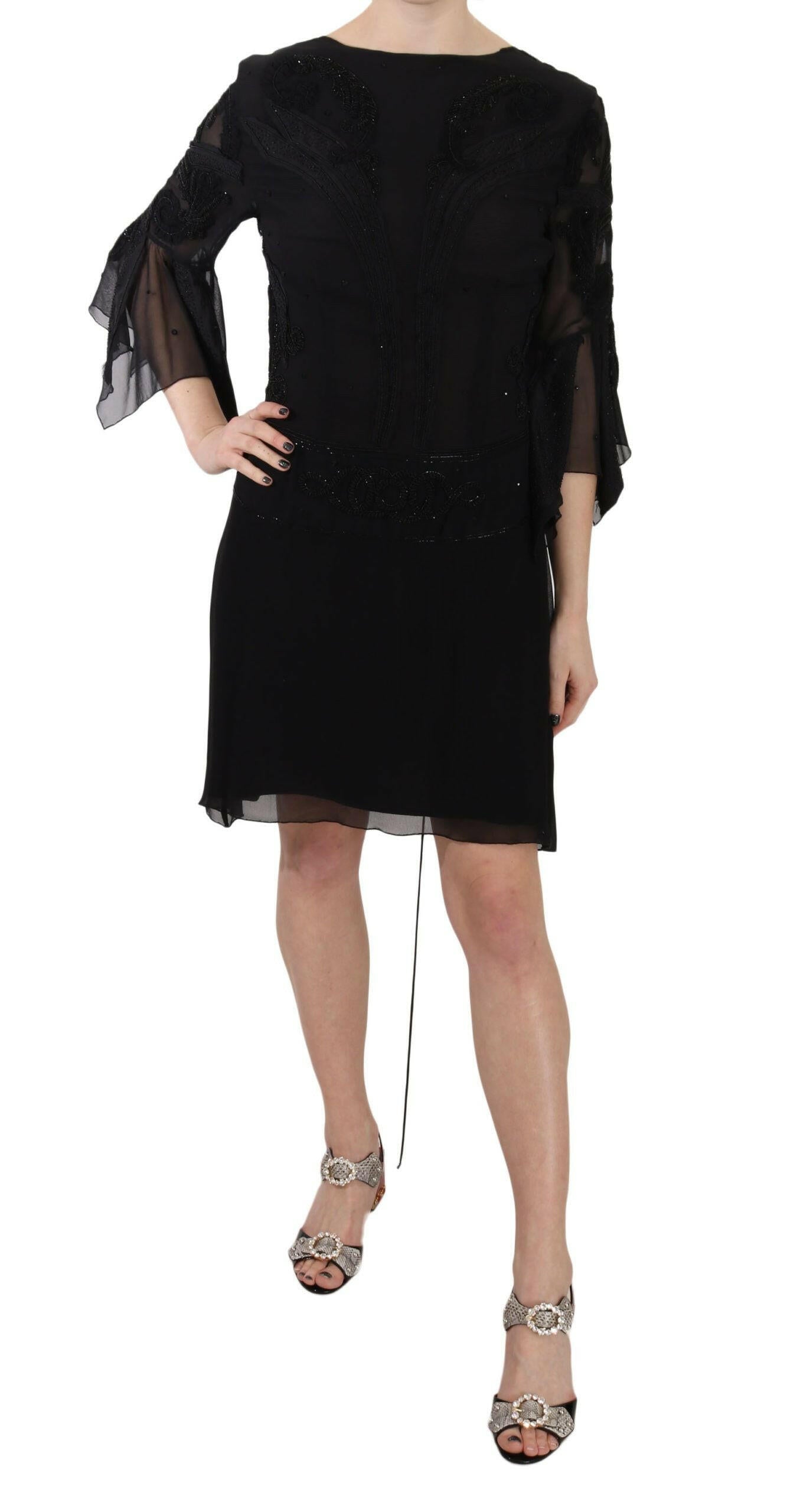 John Richmond Black Sequined Silk Mini Shift Gown -   -  John Richmond.