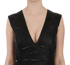 John Richmond Black Leather Studded Mini Shift Dress -   -  John Richmond.