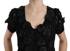 John Richmond Black Silk Leather Flowers Sheath Dress -   -  John Richmond.
