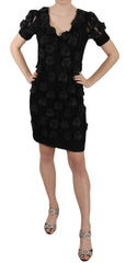 John Richmond Black Silk Leather Flowers Sheath Dress -   -  John Richmond.