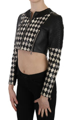 John Richmond Black White Leather Short Cropped Biker Jacket Coat -   -  John Richmond.