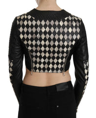 John Richmond Black White Leather Short Cropped Biker Jacket Coat -   -  John Richmond.