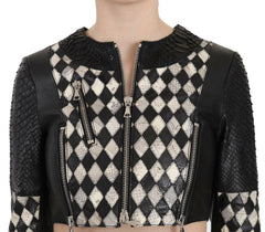 John Richmond Black White Leather Short Cropped Biker Jacket Coat -   -  John Richmond.