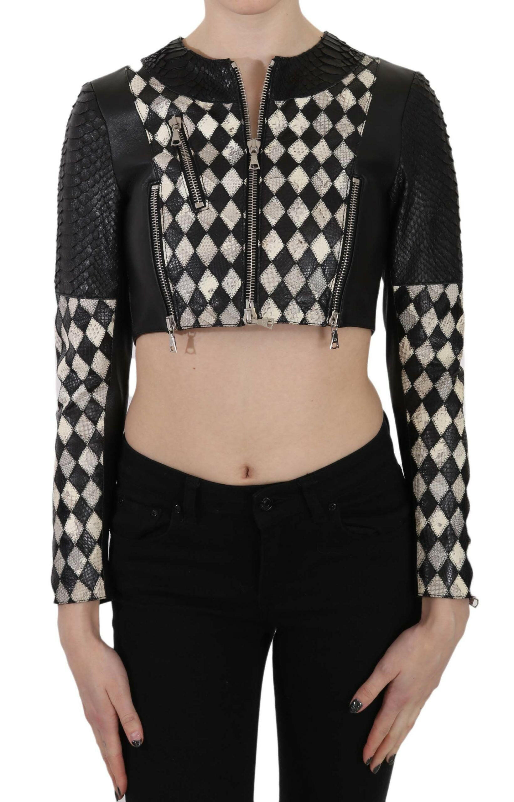 John Richmond Black White Leather Short Cropped Biker Jacket Coat -   -  John Richmond.