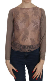 PINK MEMORIES Brown Lace See Through Long Sleeve Top -   -  PINK MEMORIES.