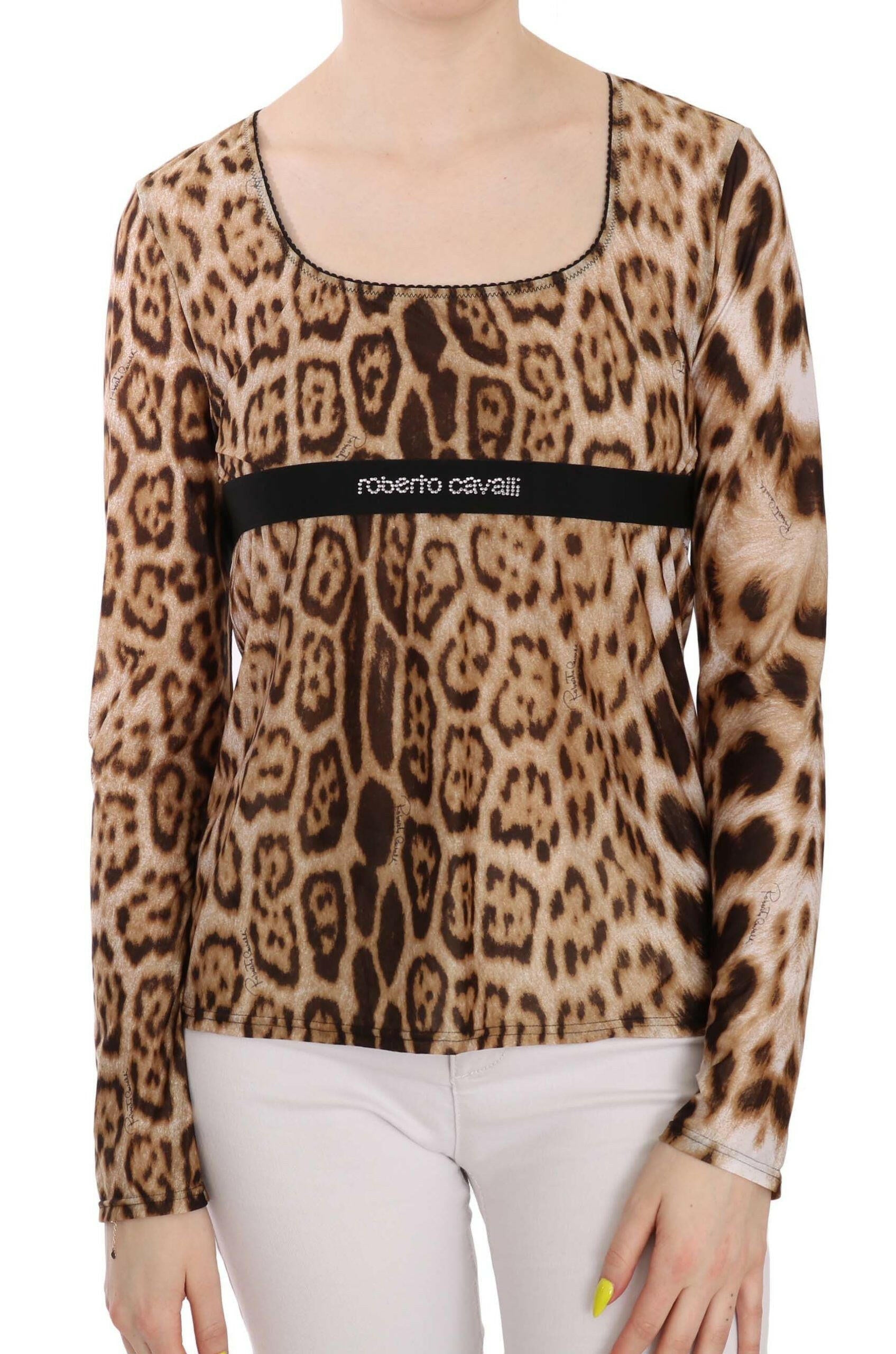 Roberto Cavalli Brown Round Neck Leopard Women Top Blouse - - Roberto Cavalli.