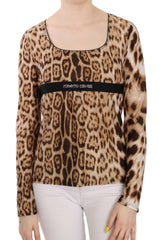 Roberto Cavalli Brown Round Neck Leopard Women Top Blouse - - Roberto Cavalli.