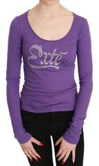 Purple Exte Crystal Embellished Long Sleeve Top Blouse - - Exte.