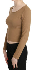 GF Ferre Brown Round Neck Long Sleeve Slim Crop Top Blouse - - GF Ferre.