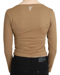 GF Ferre Brown Round Neck Long Sleeve Slim Crop Top Blouse - - GF Ferre.