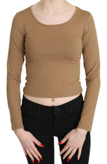 GF Ferre Brown Round Neck Long Sleeve Slim Crop Top Blouse - - GF Ferre.