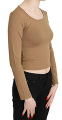 GF Ferre Brown Round Neck Long Sleeve Slim Crop Top Blouse - - GF Ferre.