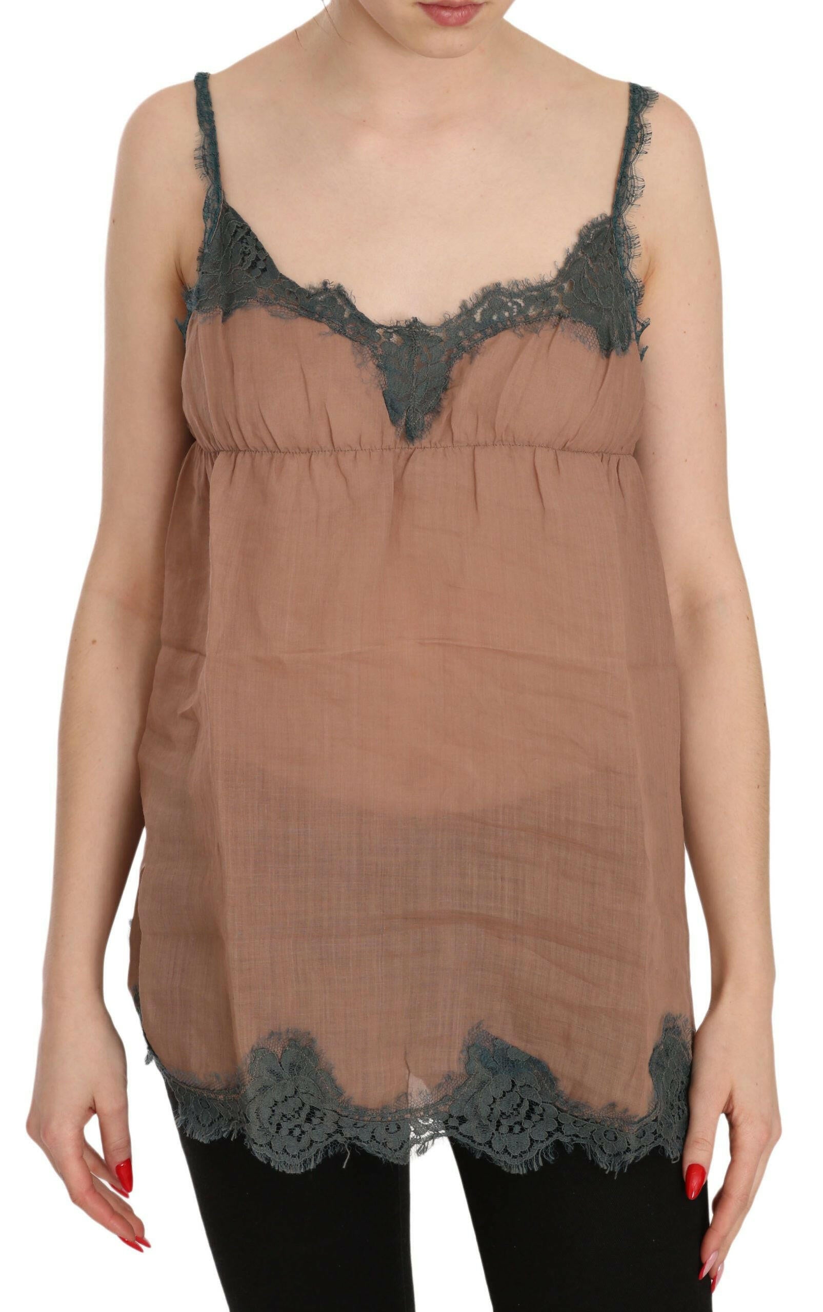 PINK MEMORIES Brown Lace Spaghetti Strap Tank Top Blouse -   -  PINK MEMORIES.