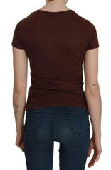Exte Brown Heart Print Crew Neck T-shirt Short Sleeve Blouse - - Exte.