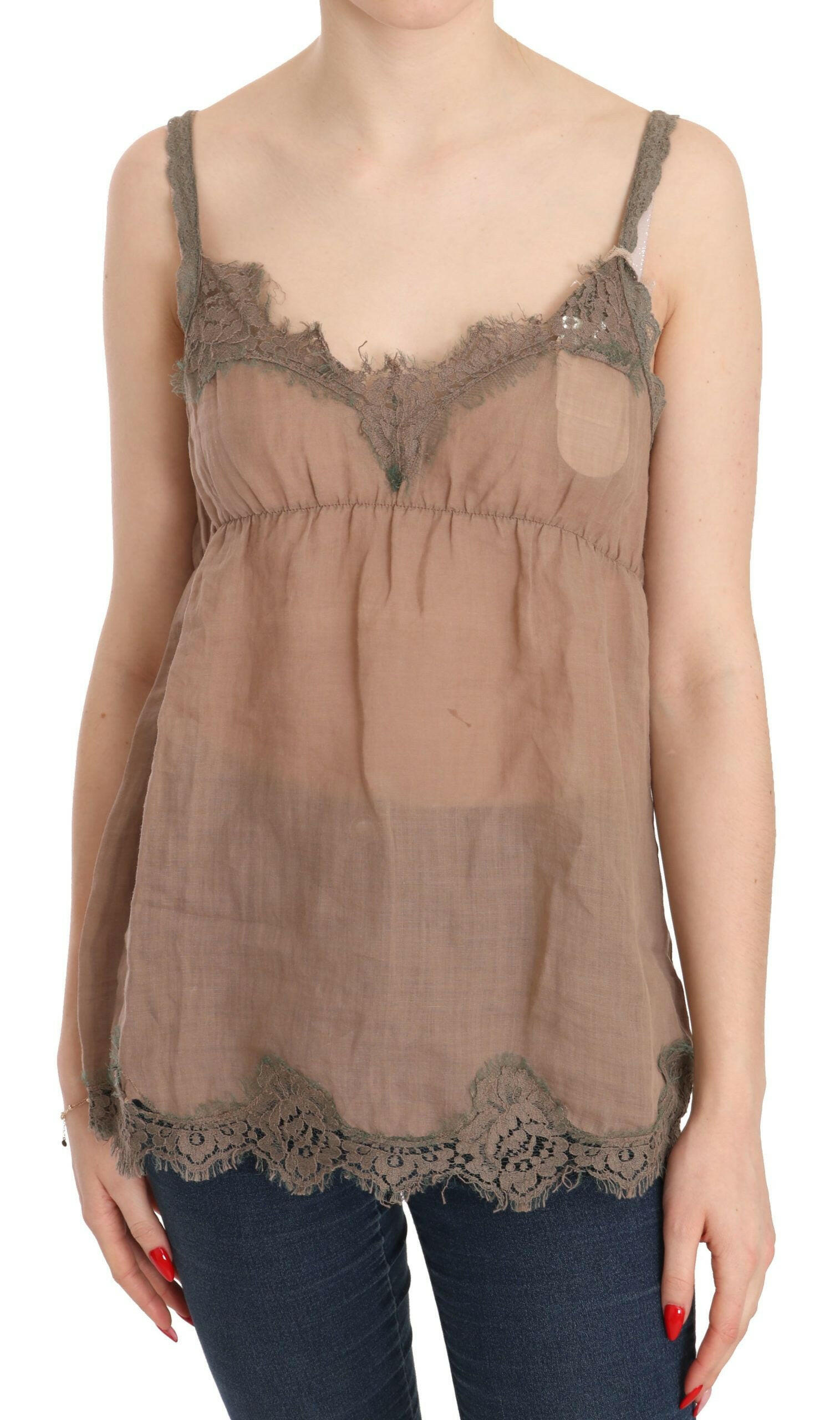 PINK MEMORIES Brown Lace Spaghetti Strap Plunging Top Blouse -   -  PINK MEMORIES.