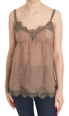 PINK MEMORIES Brown Lace Spaghetti Strap Plunging Top Blouse -   -  PINK MEMORIES.