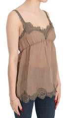 PINK MEMORIES Brown Lace Spaghetti Strap Plunging Top Blouse -   -  PINK MEMORIES.