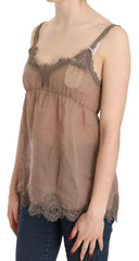 PINK MEMORIES Brown Lace Spaghetti Strap Plunging Top Blouse -   -  PINK MEMORIES.