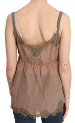 PINK MEMORIES Brown Lace Spaghetti Strap Plunging Top Blouse -   -  PINK MEMORIES.
