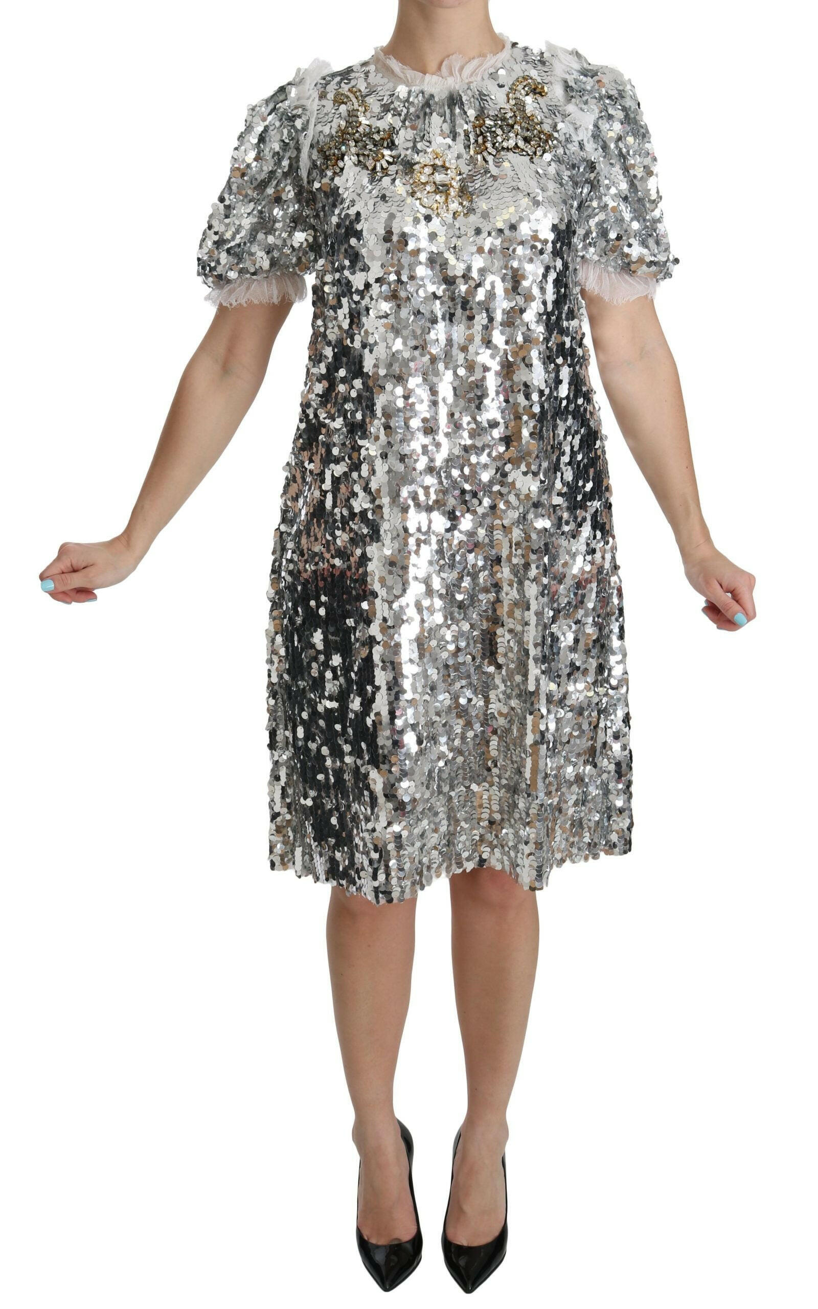 Dolce & Gabbana Silver Sequined Crystal Shift Gown Dress -   -  Dolce & Gabbana.