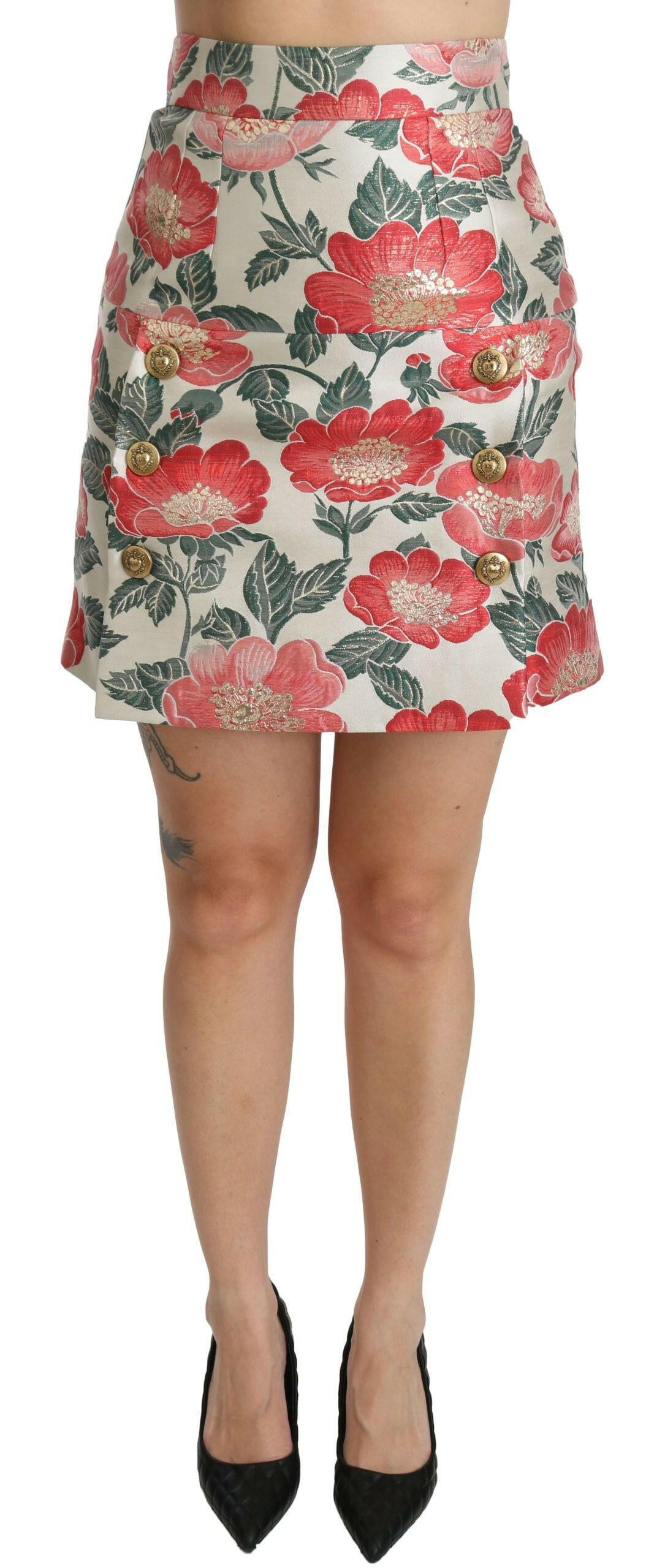 Dolce & Gabbana White Green Red Floral High Waist Mini Skirt -   -  Dolce & Gabbana.