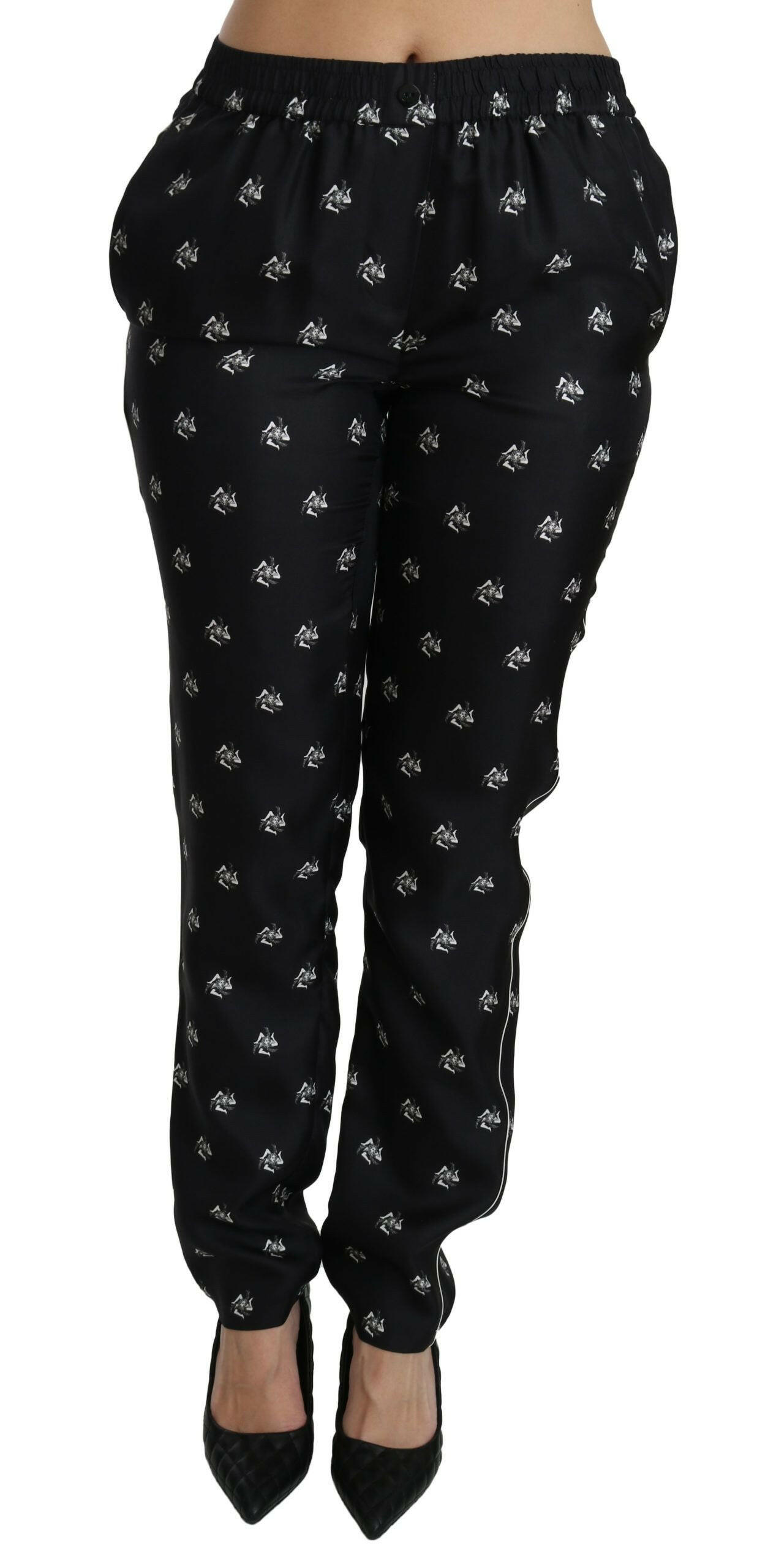 Dolce & Gabbana Black Printed Mid Waist Skinny Silk Pants -   -  Dolce & Gabbana.