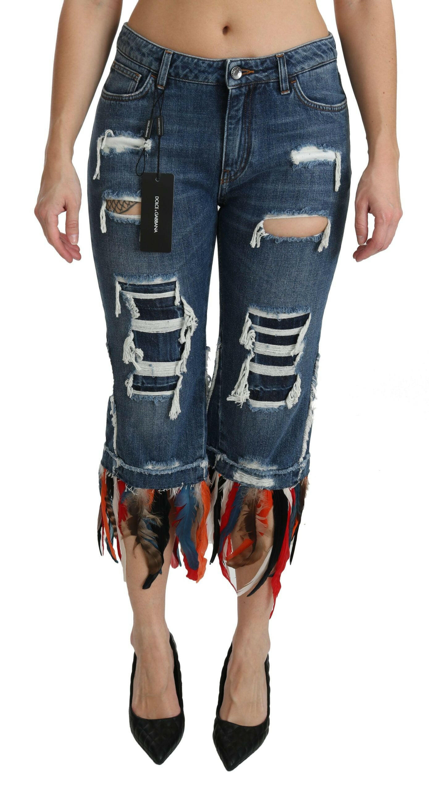 Dolce & Gabbana Blue Feathers Low Waist Cropped Cotton Jeans -   -  Dolce & Gabbana.