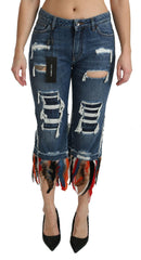 Dolce & Gabbana Blue Feathers Low Waist Cropped Cotton Jeans -   -  Dolce & Gabbana.