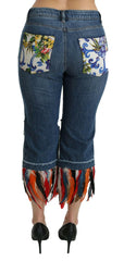 Dolce & Gabbana Blue Feathers Low Waist Cropped Cotton Jeans -   -  Dolce & Gabbana.