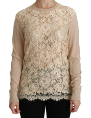 Dolce & Gabbana Beige Lace Long Sleeve Top Cashmere Blouse -   -  Dolce & Gabbana.