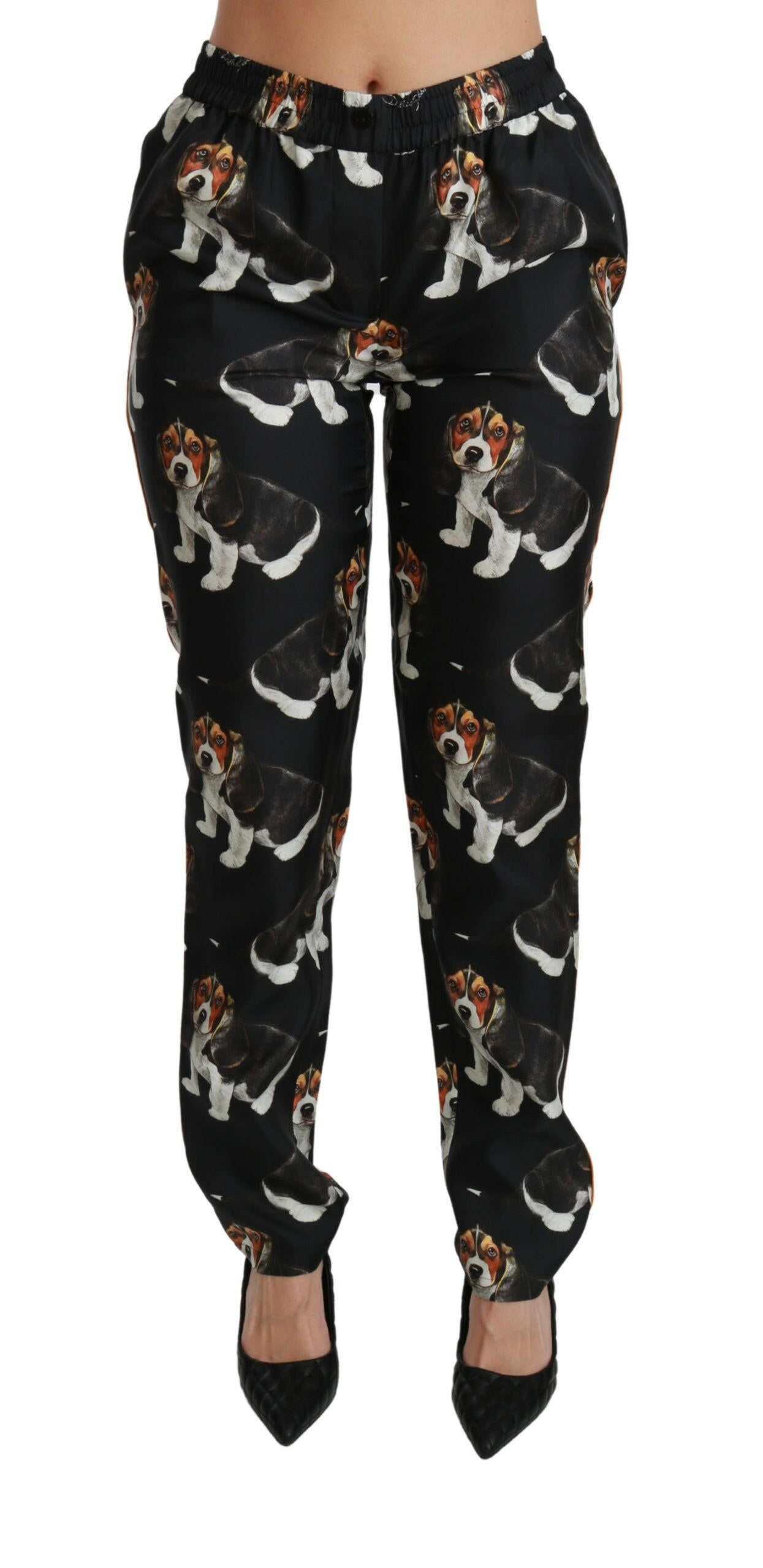 Dolce & Gabbana Black Puppy Dog Mid Waist Skinny Silk Pants -   -  Dolce & Gabbana.