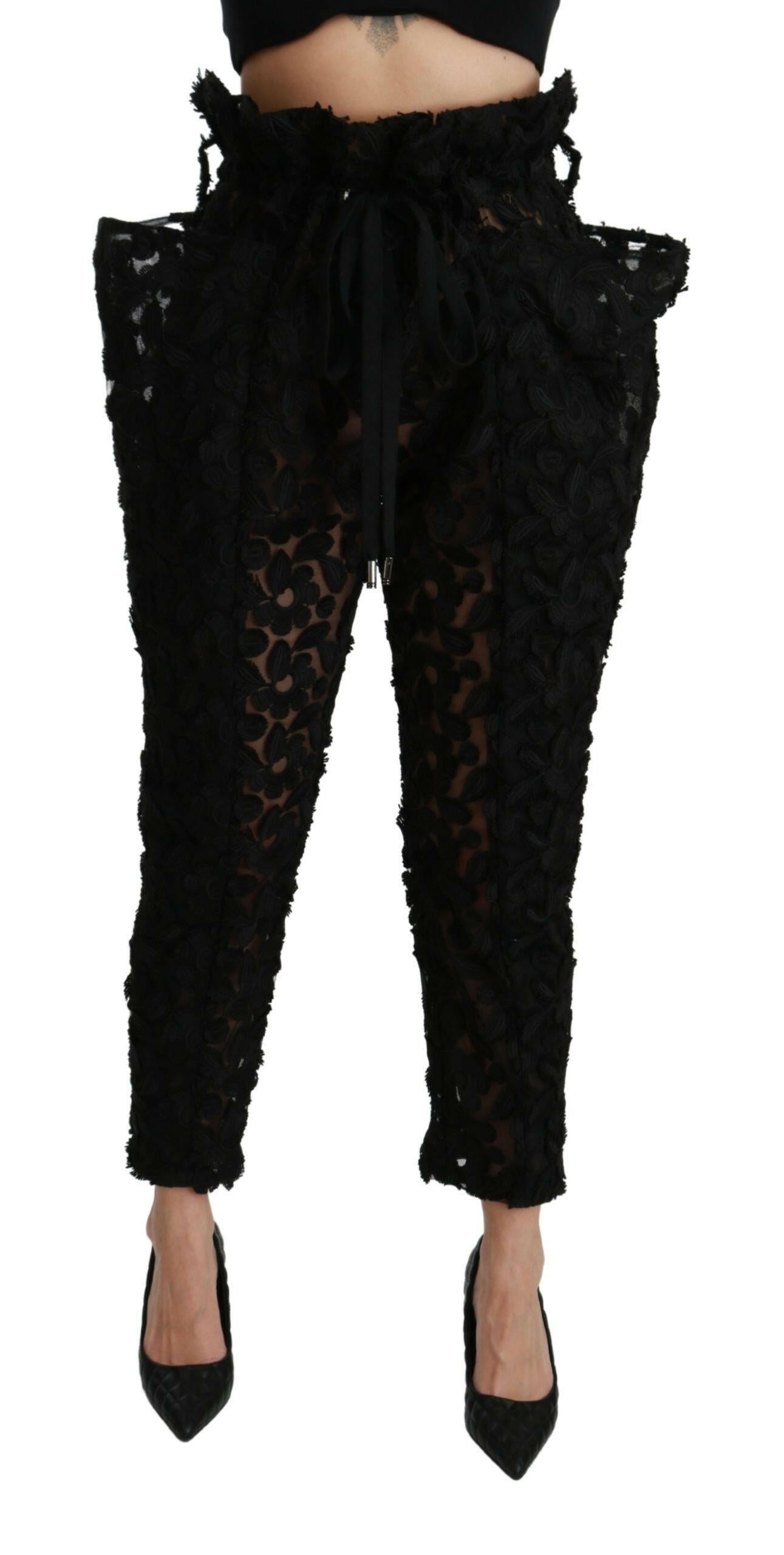 Dolce & Gabbana Black Floral Lace Tapered High Waist Pants -   -  Dolce & Gabbana.