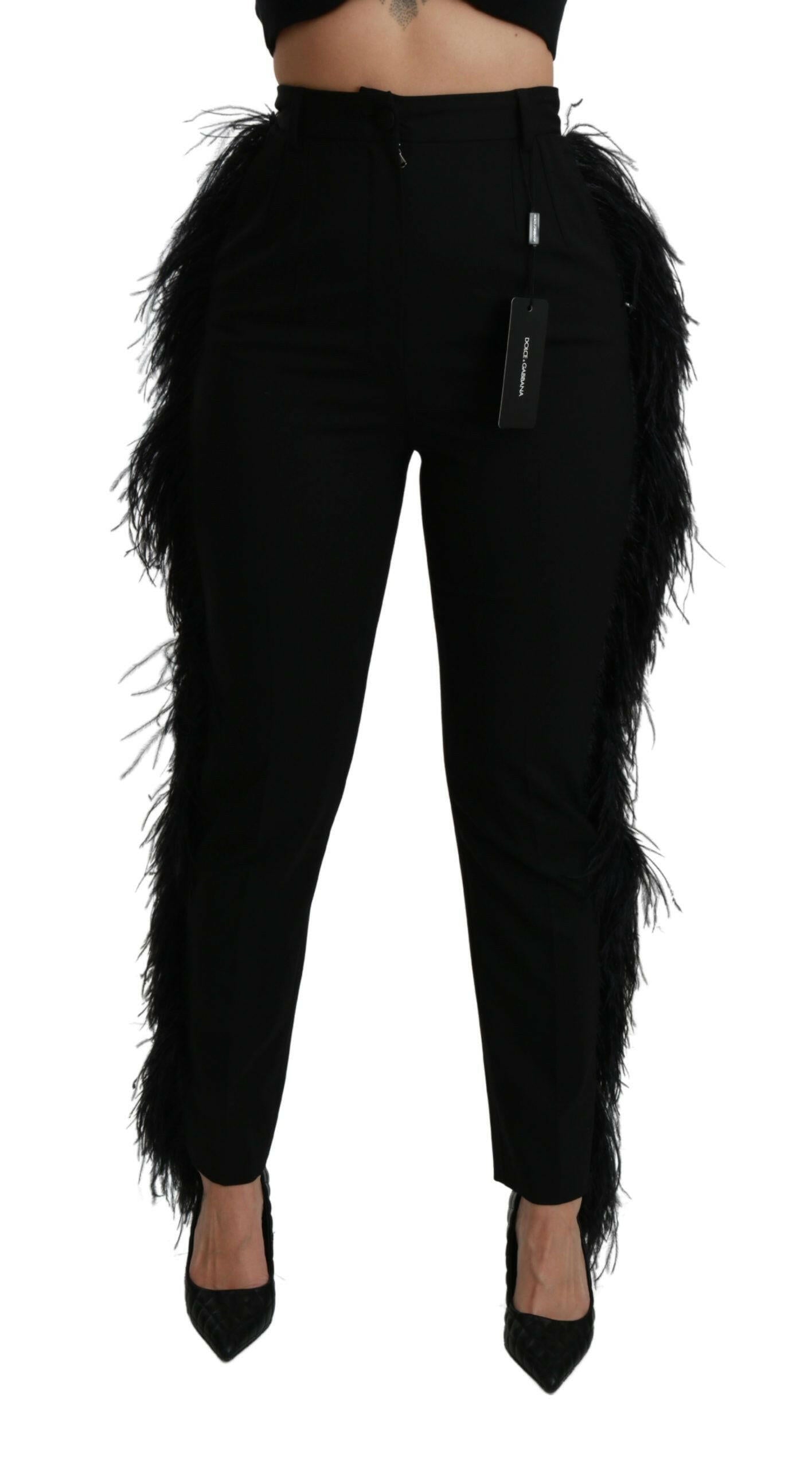 Dolce & Gabbana Black Feather Straight High Waist Wool Pants -   -  Dolce & Gabbana.