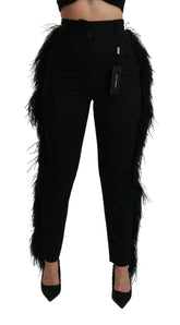 Dolce & Gabbana Black Feather Straight High Waist Wool Pants -   -  Dolce & Gabbana.