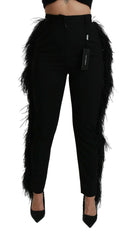 Dolce & Gabbana Black Feather Straight High Waist Wool Pants -   -  Dolce & Gabbana.