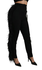 Dolce & Gabbana Black Feather Straight High Waist Wool Pants -   -  Dolce & Gabbana.
