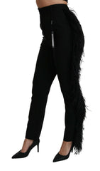 Dolce & Gabbana Black Feather Straight High Waist Wool Pants -   -  Dolce & Gabbana.
