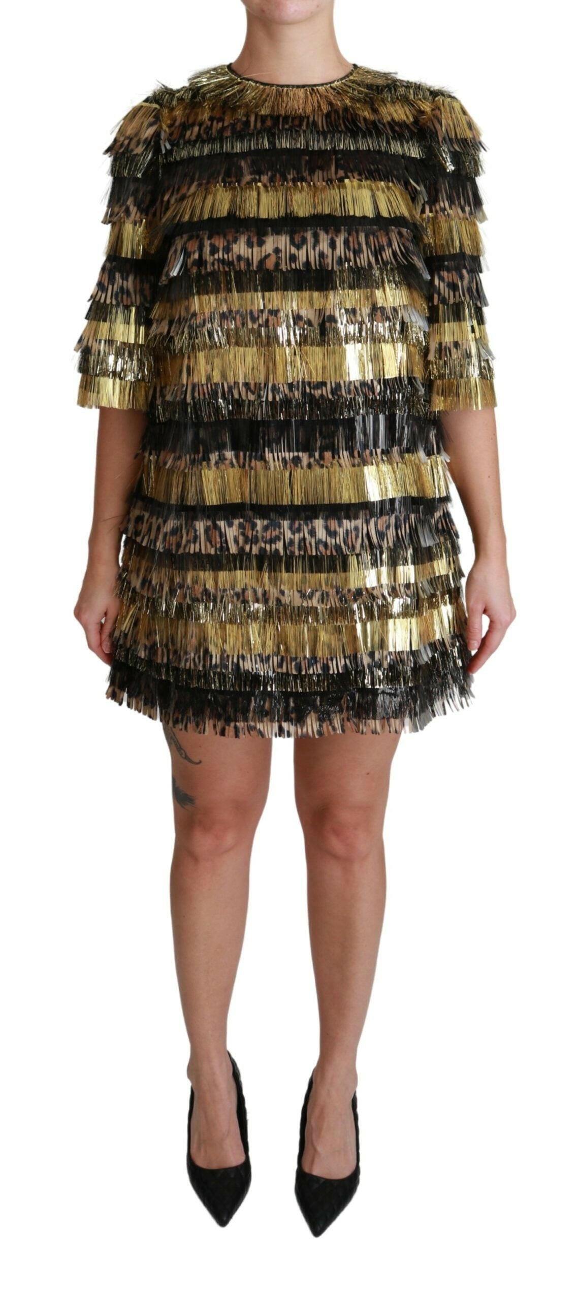 Dolce & Gabbana Polyester Black Gold Leopard Shift Mini Dress - - Dolce & Gabbana.