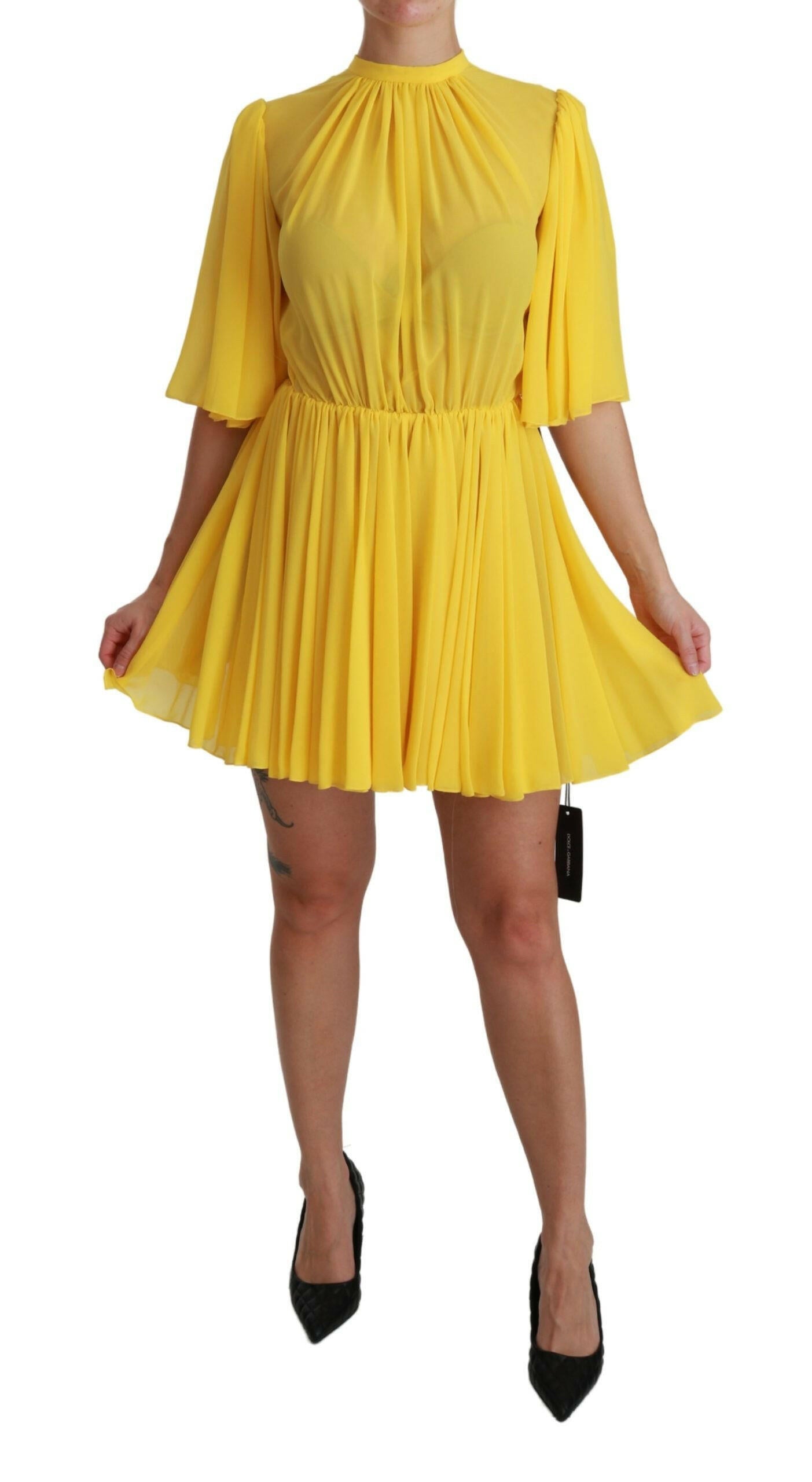 Dolce & Gabbana Yellow Pleated A-line Mini 100% Silk Dress -   -  Dolce & Gabbana.