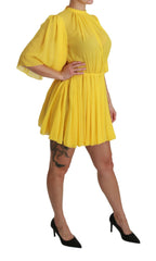 Dolce & Gabbana Yellow Pleated A-line Mini 100% Silk Dress -   -  Dolce & Gabbana.