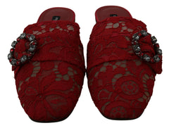 Dolce & Gabbana Red Lace Crystal Slide On Flats Shoes -   -  Dolce & Gabbana.