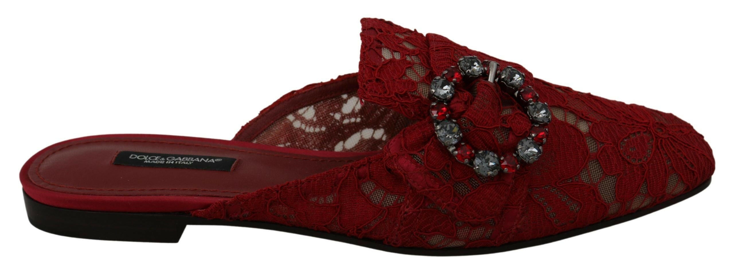 Dolce & Gabbana Red Lace Crystal Slide On Flats Shoes -   -  Dolce & Gabbana.