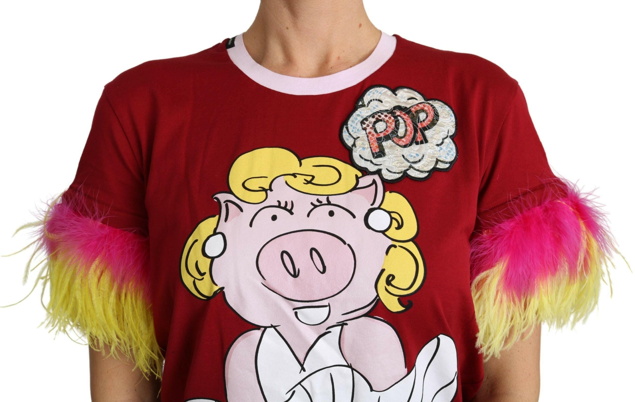 Dolce & Gabbana Red Pig Print Feather Sleeves T-shirt Top -   -  Dolce & Gabbana. Dolce & Gabbana Red Pig Print Feather Sleeves T-shirt Top -   -  Dolce & Gabbana.