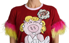 Dolce & Gabbana Red Pig Print Feather Sleeves T-shirt Top -   -  Dolce & Gabbana.