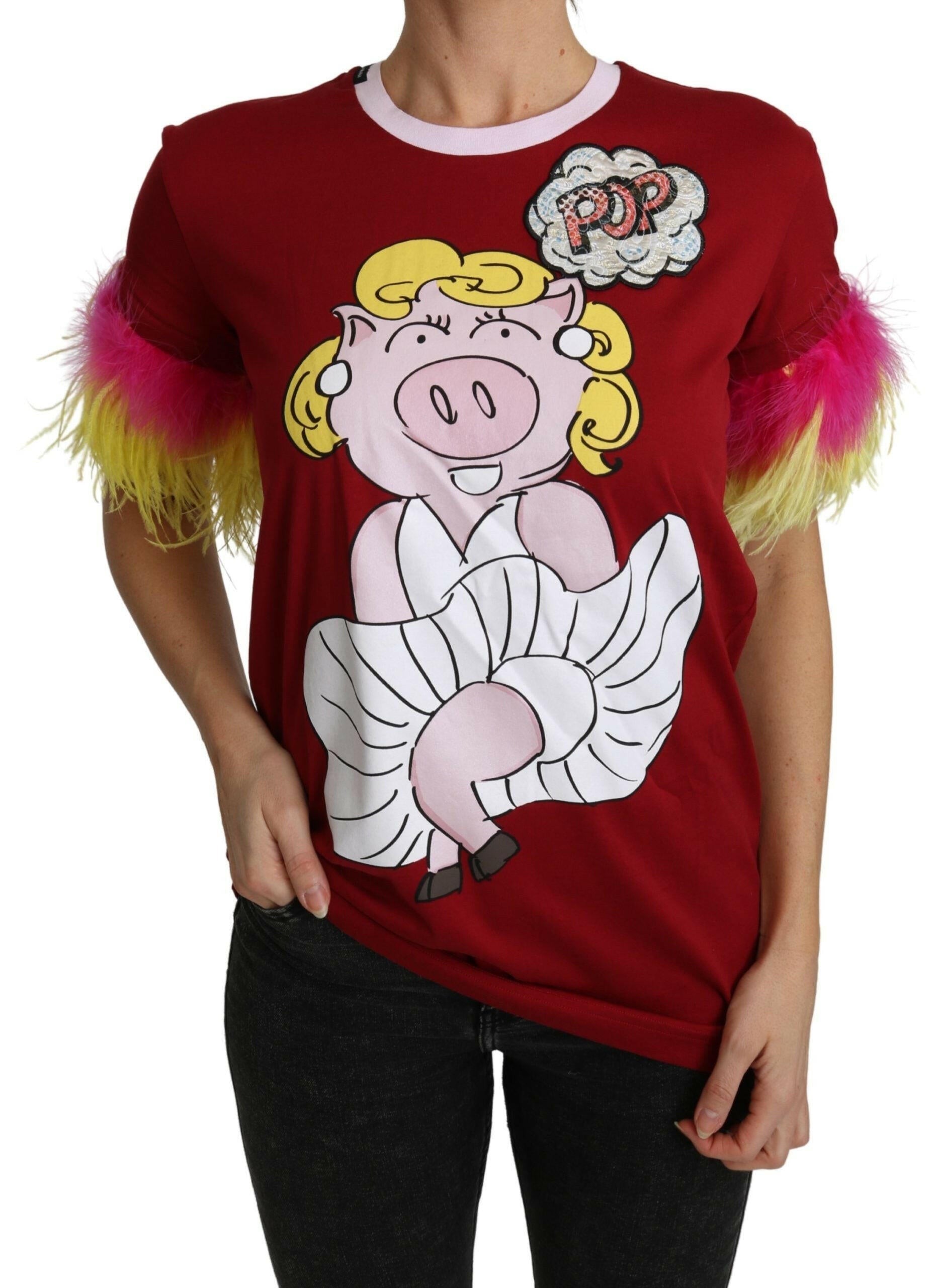 Dolce & Gabbana Red Pig Print Feather Sleeves T-shirt Top -   -  Dolce & Gabbana.
