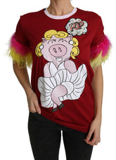 Dolce & Gabbana Red Pig Print Feather Sleeves T-shirt Top -   -  Dolce & Gabbana.