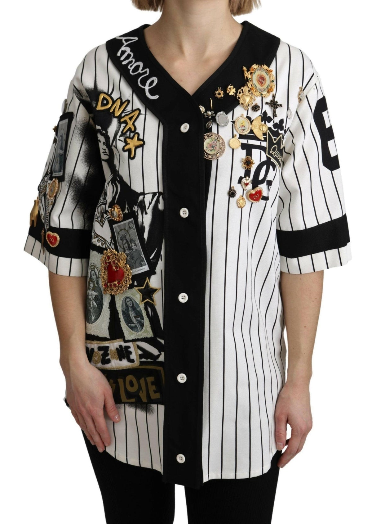 Dolce & Gabbana White and black Blouse Cotton Crystal Charms Amore Shirt -   -  Dolce & Gabbana.
